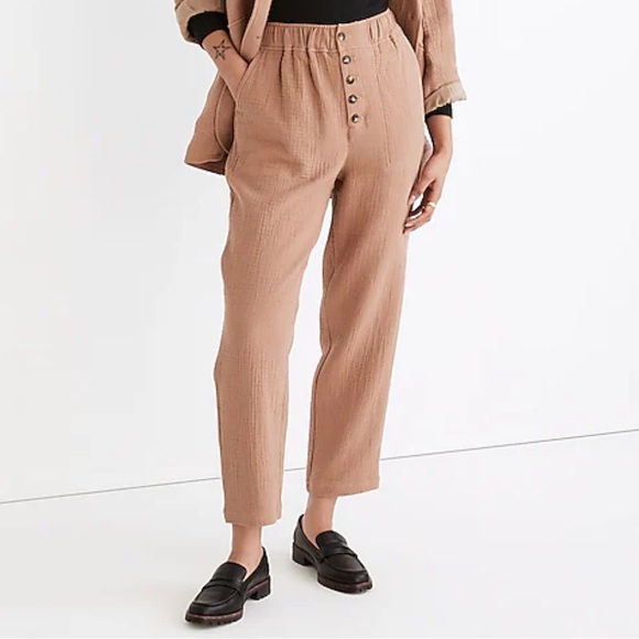 Madewell Tan Cotton-Linen High Rise Tapered Gauze Button Front Pants - Picture 1 of 7